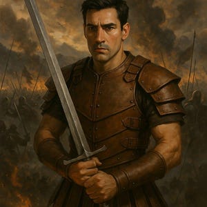 May include: A digital painting depicting a warrior in brown leather armour, holding a silver sword. The warrior stands before a battle scene with a dark, cloudy sky and flames in the background. The warrior has a serious expression.