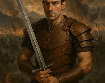 May include: A digital painting of a warrior in brown leather armor, holding a silver sword. The warrior stands in front of a battle scene with a dark, cloudy sky and flames in the background. The warrior has a serious expression.