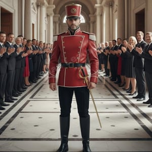 Puede incluir: Una persona con una chaqueta roja de estilo militar con ribetes blancos, charreteras y botones dorados, pantalones negros y botas altas negras. Un cinturón negro y una espada dorada completan el atuendo. Un sombrero rojo con una banda dorada está sobre la cabeza. La gente en trajes aplaude en el fondo.