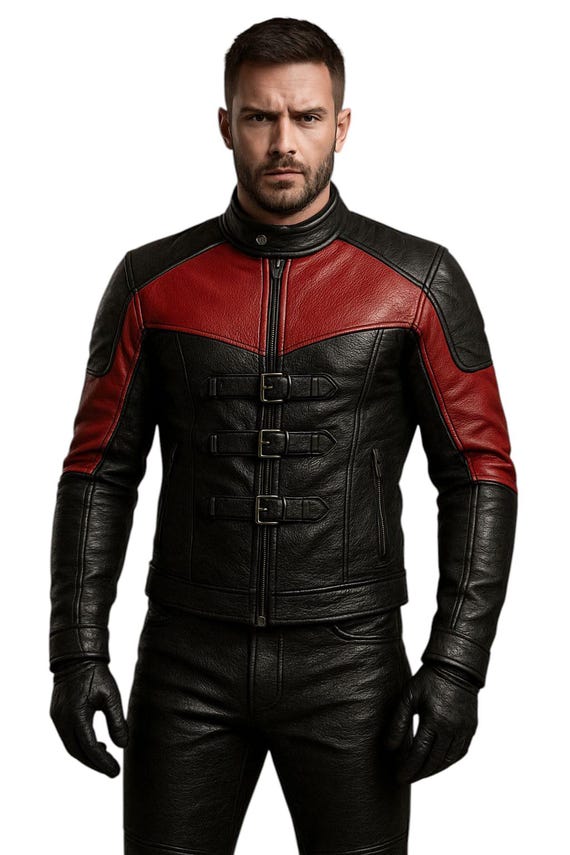 Handmade Black Red Sheepskin Leather Biker Jacket, Moto Style