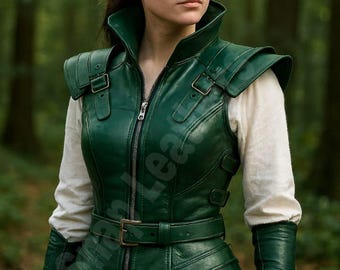 May include: A green leather vest with a high collar, shoulder pads, and a belt. The vest has a zipper closure and is worn over a white long-sleeved shirt and a cream-colored skirt. The image is set against a blurred forest background.