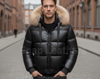 Leather Puffer Jacket with Faux Fur Hood: Men's Winter Bomber