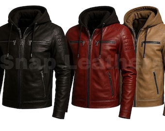 Men's Sheepskin Biker Jacket: Hooded Leather Motorcycle Coat