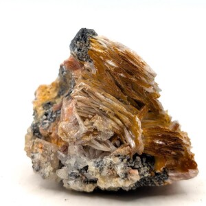 Cristales de cerusita con barita naranja y amarilla, mineral natural de exhibición, alta calidad