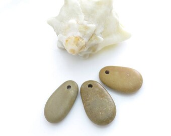 Beach Stones Top Drilled 3 pcs- Big Smooth Flat Pebbles for Jewelry Design Supplies Unique Special Pendants