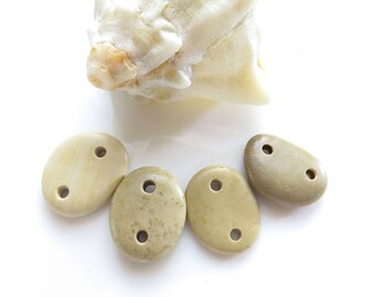 Double Drilled Beach Stone Medium Connectors, Jewelry Supplies, Organic Beads Beige Color, Stone Buttons, Stone connectors