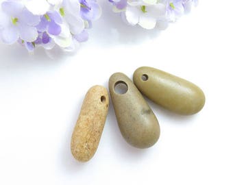 Top Drilled Light Beach Stones 3 pcs Jewelry Supplies Eco Friendly Beads Beach Pebbles for Crafts DIY, Special Magic Pendants