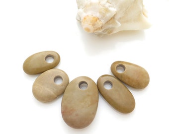 Top Drilled Beach Stones,  Beige Pebbles top drilled, Big natural drilled stones, Stone beads for jewelry making, Big hole beads