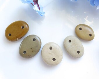 Double Drilled Beach Stone Connectors, Natural Stone Jewelry Supplies, Organic Natural Beads, Drilled Beach Pebbles, Pebbles set