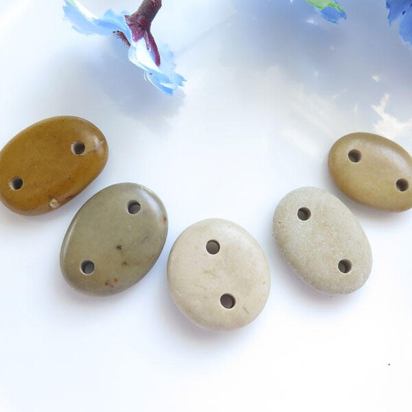 Double Drilled Beach Stone Connectors, Natural Stone Jewelry Supplies, Organic Natural Beads, Drilled Beach Pebbles, Pebbles set