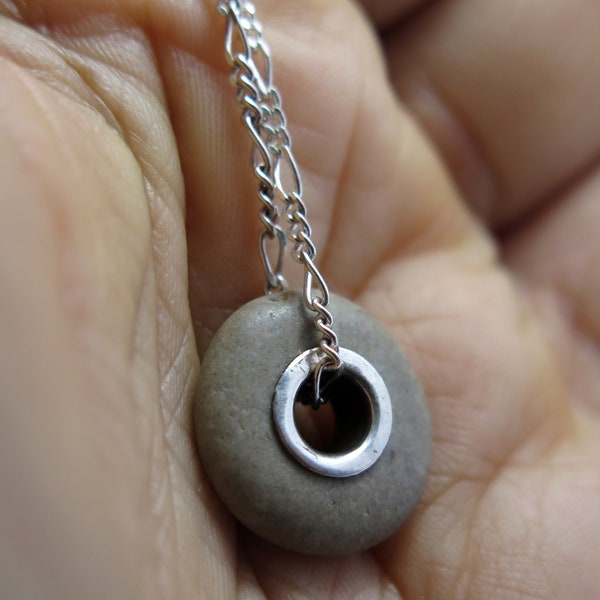 Riveted Pebble Beach Stone necklace, Silver riveted Pebble Pendant, River rock jewelry, Sterling Silver Rivet Stone, Handmade amulete