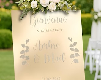 Letrero de bienvenida para boda con espejo dorado personalizado