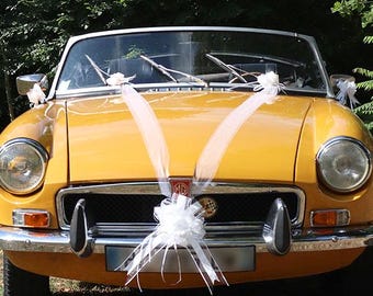 Può includere: Un'auto cabriolet gialla classica, adornata con nastri e fiocchi bianchi, probabilmente per un matrimonio. L'auto presenta dettagli cromati, fari rotondi e un design vintage. L'auto è parcheggiata sull'erba, con alberi sullo sfondo.