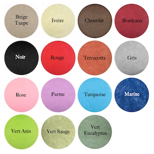 May include: A color chart featuring 16 circular swatches. Colors include beige, taupe, ivory, chocolate, bordeaux, black, red, terracotta, gray, rose, parme, turquoise, marine, and green variations. Each swatch has a color name.