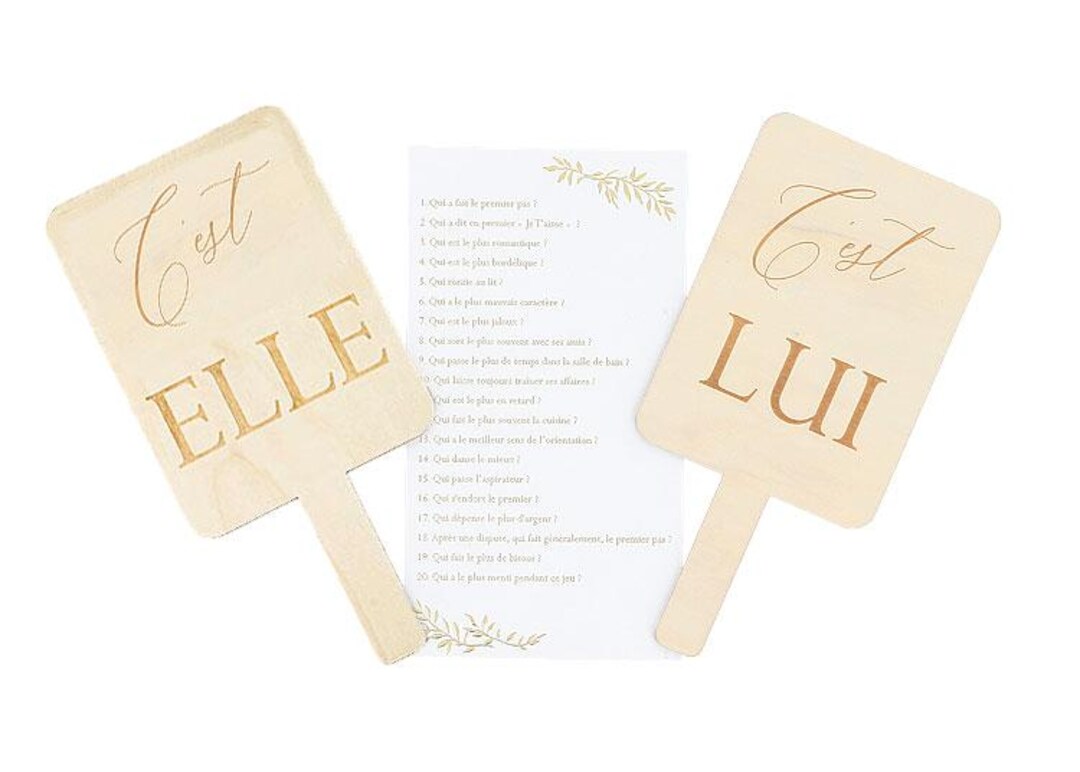 Pancarte Jeu Elle et Lui en Bois avec 20 Questions Brins Doré - Etsy France