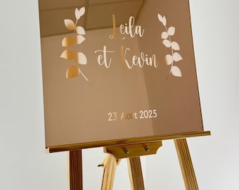 Letrero de bienvenida para boda con espejo personalizado en oro rosa