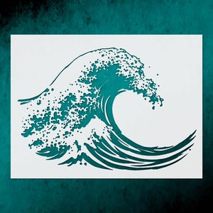 May include: A stencil featuring a stylized teal wave design. The wave is depicted with intricate cut-out details, creating a textured effect. The design is set against a white background, with a teal backdrop.