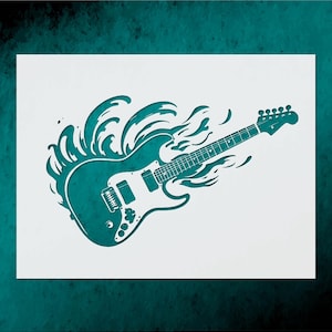 May include: Teal-colored electric guitar illustration with a white pickguard and a stylized flame design. The guitar is depicted on a white background, with a teal border.