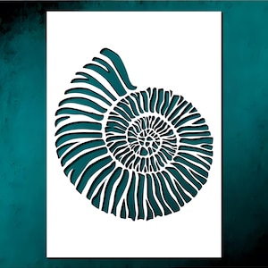 May include: A teal and white art print featuring a stylized ammonite fossil. The design showcases the spiral form of the fossil against a white background, with a teal border. The artwork is a minimalist representation of a natural form.
