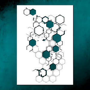 May include: Abstract geometric art print featuring a pattern of interconnected hexagons in teal and black on a white background. The design includes solid and outlined shapes, creating a modern, graphic aesthetic. The artwork is set against a teal backdrop.