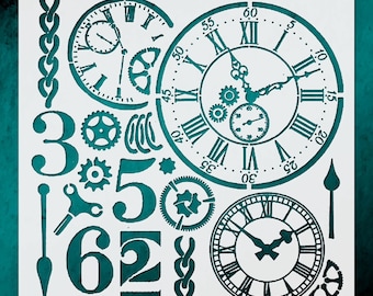 May include: A stencil featuring clock faces, gears, numbers, and chain links. The design includes Roman numerals, clock hands, and various mechanical elements. The color is a teal-green against a white background.