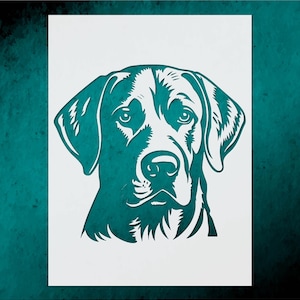 May include: A teal-colored dog portrait stencil on a white background. The stencil features a detailed illustration of a dog's face, with intricate cut-out details. The dog's eyes, nose, and ears are clearly defined, creating a striking visual.