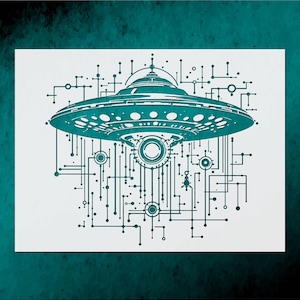 May include: Teal-colored illustration of a flying saucer with a circuit board design. The spacecraft has a circular body with multiple portholes and is surrounded by lines and dots, creating a futuristic aesthetic. The image is set against a white background.