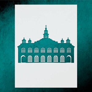 May include: Teal silhouette of a building with multiple arched windows and a central tower topped with a cross. The building has a symmetrical design and is set against a white background.