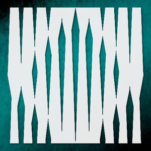 May include: White paper cut-out design with a repeating pattern of vertical and diamond shapes against a teal background. The design has a textured appearance, with sharp edges and a layered effect, creating a sense of depth and contrast.