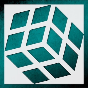 May include: A white stencil design featuring a three-dimensional cube composed of diamond shapes. The cube is set against a textured teal background. The design is a modern, geometric pattern.