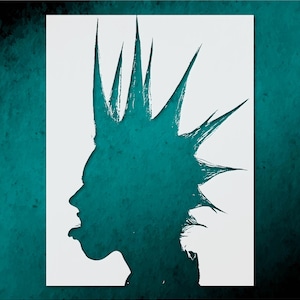 May include: A teal silhouette of a person with a mohawk and tongue sticking out, set against a white background. The image has a grunge texture and is on a teal background.
