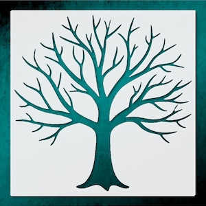 May include: A teal tree stencil with a detailed silhouette of branches and a trunk, set against a white background. The tree design is cut out, creating a negative space effect. The stencil is ideal for various craft projects.