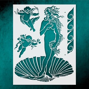 May include: A white stencil featuring a teal-colored design of Venus rising from a shell, with two cherubs and a decorative border. The figures are cut out, creating a negative space effect. The artwork is suitable for various craft projects.