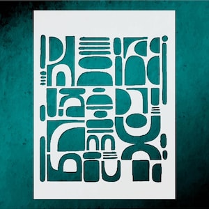 May include: White stencil with a teal abstract design. The design features a variety of geometric shapes, including curved lines, rectangles, and circles. The shapes are arranged in a grid-like pattern, creating a modern and artistic look.