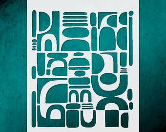 May include: White stencil with a teal abstract design. The design features a variety of geometric shapes, including curved lines, rectangles, and circles. The shapes are arranged in a grid-like pattern, creating a modern and artistic look.