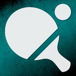 May include: White ping pong paddle and ball graphic on a teal textured background. The paddle is stylized with a cut-out design, and the ball is a simple circle. The image has a clean, modern aesthetic, suitable for sports-related products.