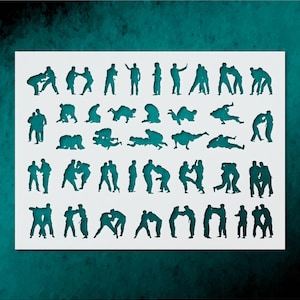 May include: A white rectangular stencil featuring numerous teal-colored silhouettes of people engaged in various wrestling or grappling poses. The figures are cut out, creating a negative space effect.