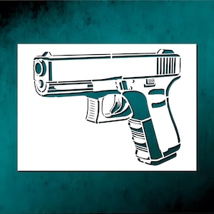 May include: A teal and white stencil of a handgun. The image shows the outline of a pistol, with detailed cutouts representing the various parts of the firearm. The design is set against a white background.
