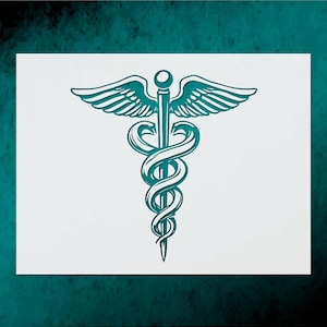May include: Teal-colored Caduceus symbol, a staff with two snakes coiled around it, topped with wings. The design is on a white background, set against a teal textured backdrop. This emblem is commonly associated with medicine and healthcare.