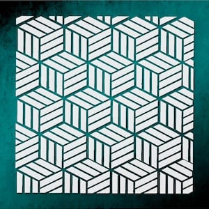 May include: Geometric pattern featuring a repeating cube design in white against a teal background. The pattern creates a three-dimensional effect with its alternating lines and shapes, suitable for various design applications.