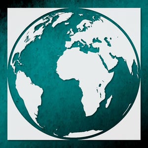 May include: A white cutout of the Earth against a teal textured background. The continents are clearly defined, with a focus on the shapes of Africa, Europe, and the Americas. The image is framed within a white square.