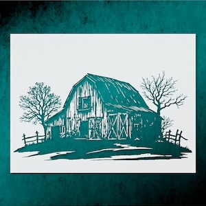 May include: A teal-colored illustration of a rustic barn with a weathered appearance. The barn features a sloped roof, doors, and a small window. Two trees and a fence frame the barn, creating a rural landscape scene. The artwork is set against a white background.