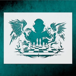 May include: A white stencil featuring a chess game between an angel and a demon. The angel and demon figures are seated on opposite sides of a chessboard, with chess pieces in place. The background is a teal color.