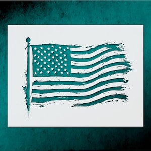 May include: A teal and white stencil of the American flag. The flag design features stars and stripes with a distressed, brushstroke effect. The flag is mounted on a pole.