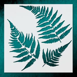 May include: A teal fern leaf stencil design on a white background. The image features four fern leaf patterns in a detailed, botanical style. The leaves are a vibrant teal color, creating a striking contrast against the white backdrop.