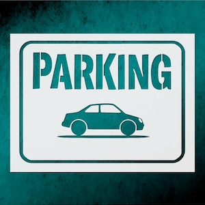 May include: A rectangular parking sign with a teal car silhouette and the word "PARKING" in bold, teal letters. The sign has a white background and a teal border, set against a textured teal background.