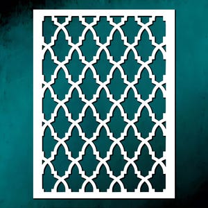 May include: A rectangular white stencil featuring a repeating Moroccan-inspired lattice pattern. The design consists of interconnected, curved lines forming a series of symmetrical, elongated shapes across the entire surface of the flat sheet.