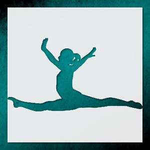 May include: A teal silhouette of a person in a full split, arms raised, against a white background. The figure is cut out of the white space, creating a negative space effect. The image has a teal border.