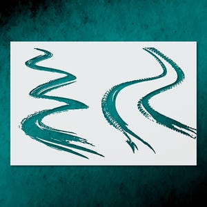 May include: Three teal brushstroke designs on a white background. The strokes vary in shape, with one a zigzag and the others curved. The brushstrokes have a textured appearance, suggesting a watercolor or ink effect. The background is a dark teal.