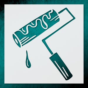 May include: A teal-colored paint roller stencil with a dripping paint design. The roller is depicted with a handle and a dripping paint effect, creating a decorative element for DIY projects and home decor.